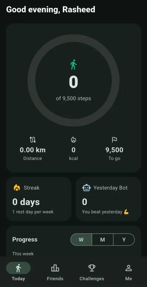 Today screen showing steps, distance, calories, streak and Yesterday Bot